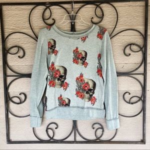 Mona B Floral Skulls Crew Neck Long Sleeve Sweater Blue  SZ S